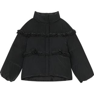 妖精的口袋蕾丝木耳边仿pu短款羽绒服女2025冬新款面包服保暖外套