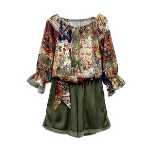 亏本清仓！不退不换！复古印花薄款宽松上衣高腰系带短裤两件套女