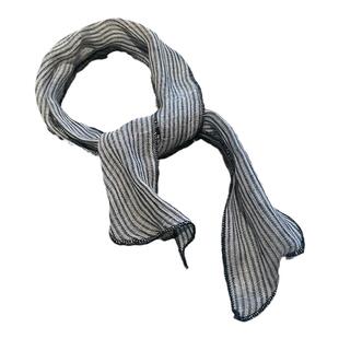 夏季简约亚麻藏青波点细长条护颈小领巾百搭条纹小丝巾发带头巾女