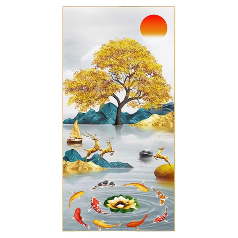 玄关竖版钻石画2026新款高级感招财发财树九鱼图粘贴砖十字绣满钻