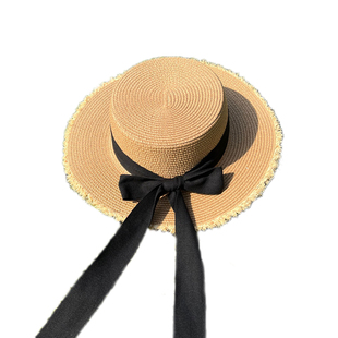 蝴蝶结毛边平顶草帽女夏海边沙滩度假日式夏威夷太阳编织遮阳帽子