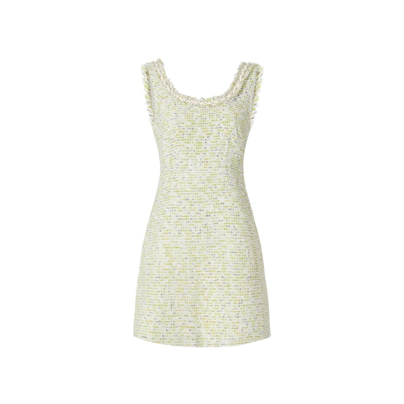 商场同款 摩萨克秋粗花呢无袖收腰印花小香风连衣裙女