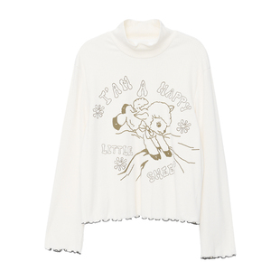 MOVEUP幻走2025冬季新款.FUN系列半高领趣味印花密边短款T恤女