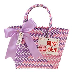 手提编织篮生日伴手礼篮宝宝满月收纳提篮结婚彩色篮子沙滩包