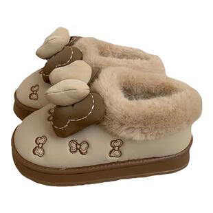 细细条 拼色高级感防水pu皮雪地靴女加绒冬季甜美蝴蝶结短筒棉靴