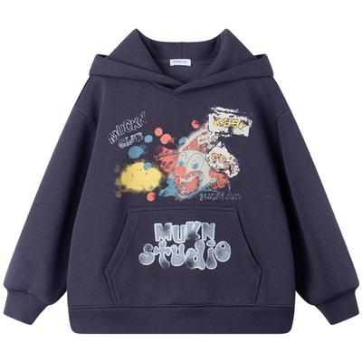 【童话剧场】复古手绘涂鸦连帽加绒卫衣秋冬加厚保暖上衣男童百搭