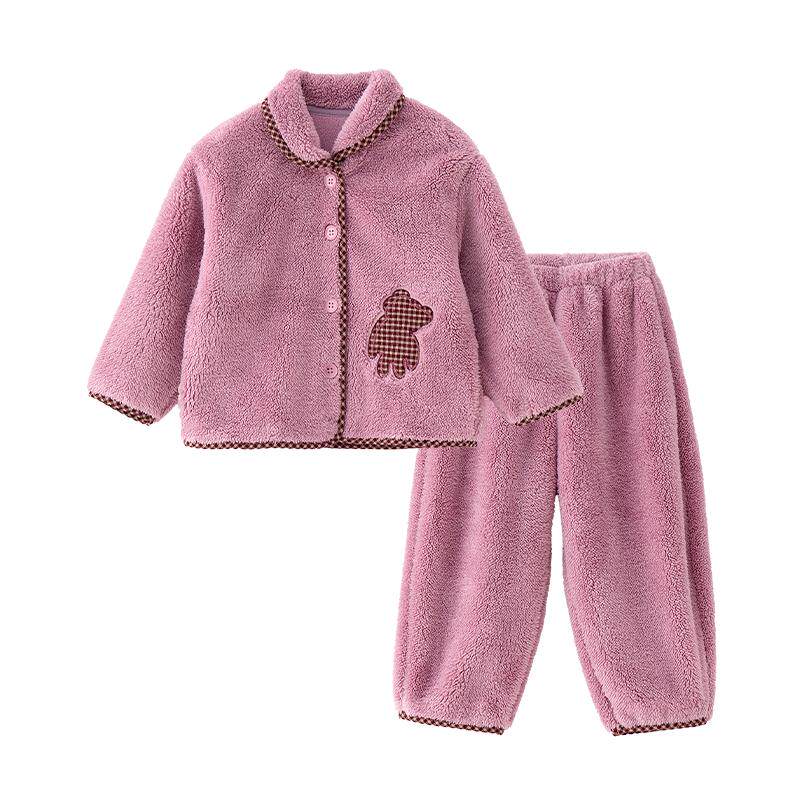小黑托昵熊猫绒儿童睡衣套装秋冬厚保暖翻领开衫家居服外穿姐弟装