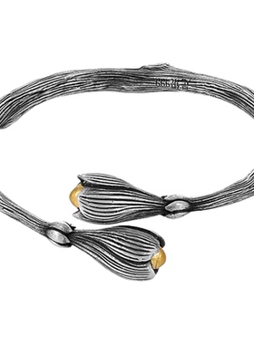 银千造 玉兰花足银999实心开口银手镯女款镶金独特银手环七夕礼物