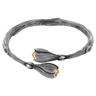 银千造 玉兰花足银999实心开口银手镯女款镶金独特银手环七夕礼物