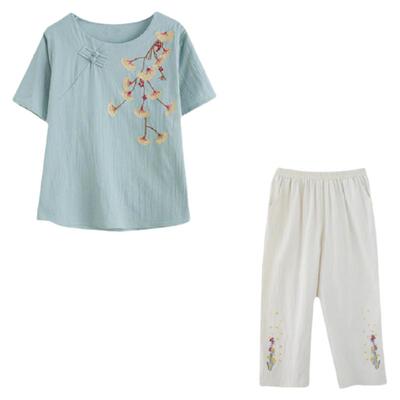 两件套绣花t恤棉麻洋气