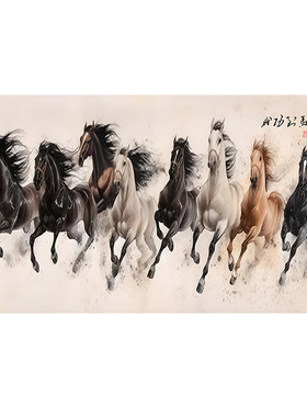 马到成功办公室招财装饰画中式客厅八骏图自粘画马年新款风水挂画