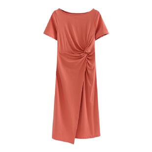 夏季新款纯白短袖连衣裙长款圆领修身收腰扭结不规则纯色打底裙子