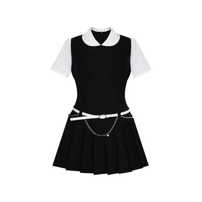 安妮不火济州文学系学院风假两件连衣裙女微胖大码韩版女主小黑裙