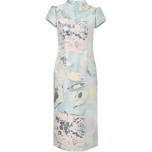 阿丹娜女装春夏新款绿色闪葱提花连衣裙子立领修身礼裙官方旗舰店