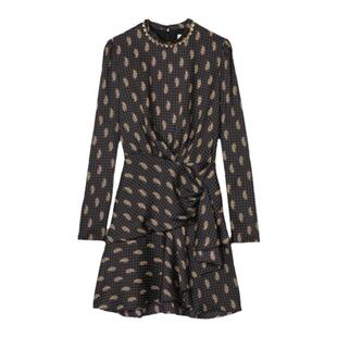 SANDRO Outlets秋冬女装法式优雅波点印花圆领仿钻收腰长袖连衣裙