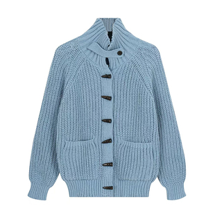 F383 美式复古设计感牛角扣麻花立领针织毛衣女秋冬慵懒毛衫外套