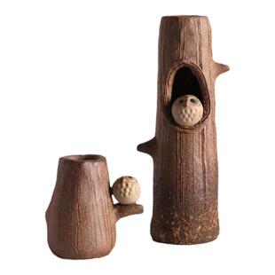 日本明山窑信乐烧粗陶迷你创意花瓶日式插花器可爱树桩猫头鹰摆件