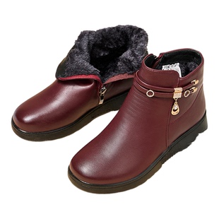 回力妈妈皮鞋秋冬新款加绒雪地靴加厚中老年保暖棉鞋女士软底靴子