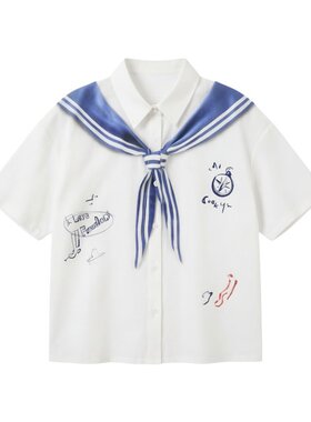 【天丝棉感】紫涵白色短袖衬衫女2026夏季新款海军风手绘披肩衬衣
