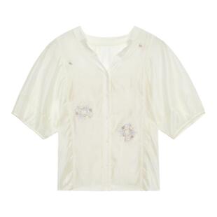 古木夕羊时尚V领绣花衬衫女夏季新品轻透短袖衬衣GS430082010