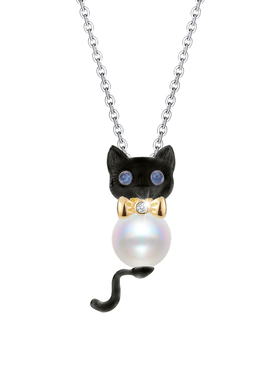 原创设计可爱猫咪珍珠项链女S925纯银小众设计感高级轻奢锁骨链