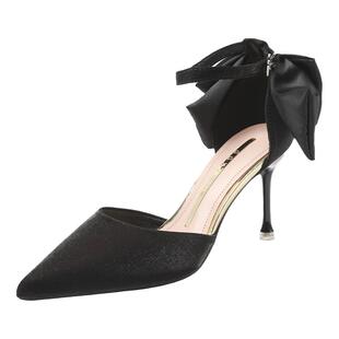绸缎面婚鞋气质优雅礼服秀禾服凉鞋女后蝴蝶结一字扣带中空高跟鞋