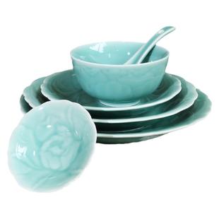 瓯江龙泉青瓷国色天香系列饭碗家用菜盘汤碗勺商用餐具套装