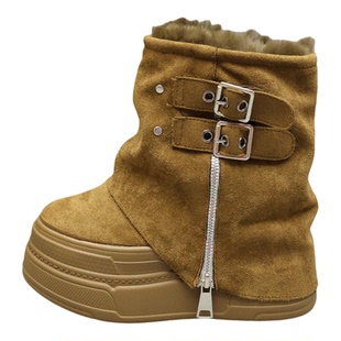 皮带扣马丁靴女冬季加绒加厚雪地棉鞋12cm内增高短靴小个子裤管靴