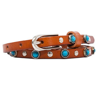 头层牛皮细腰带铆钉装饰人造绿松石镶嵌个性休闲百搭真皮皮带新品