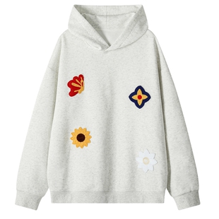 男士重磅白色连帽卫衣男款花卉刺绣2026新款春季潮牌男装长袖上衣