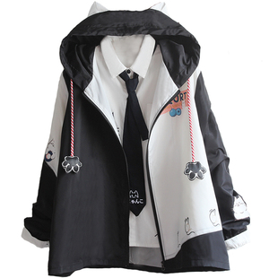 原创春装男女情侣装可爱炸弹猫老鼠印花拼色宽松学生耳朵连帽外套