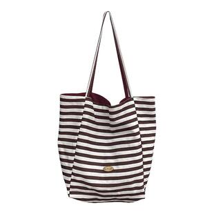 2025新款双面条纹帆布包小众字母大容量包包慵懒风单肩托特包