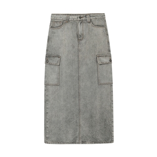 Desigual牛仔直筒灰色水洗贴袋装饰长款铁灰色半身裙半截裙