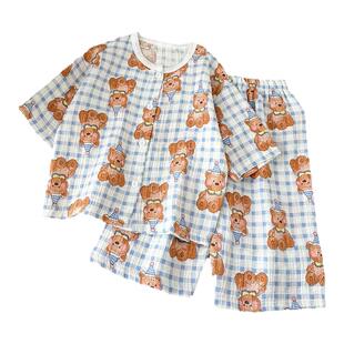 春夏儿童纯棉纱布睡衣套装七分袖宝宝家居服男女童韩版百搭两件套