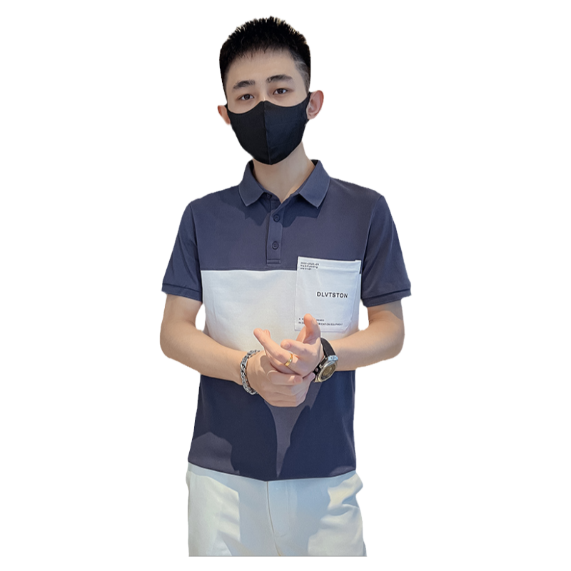 夏季男士polo衫t恤短袖修身翻領(lǐng)半袖拼色拼接潮牌潮流拼色口袋T恤