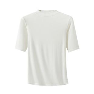 小立领短袖T恤女春夏季薄款2023新款白色打底衫内搭五分中袖上衣
