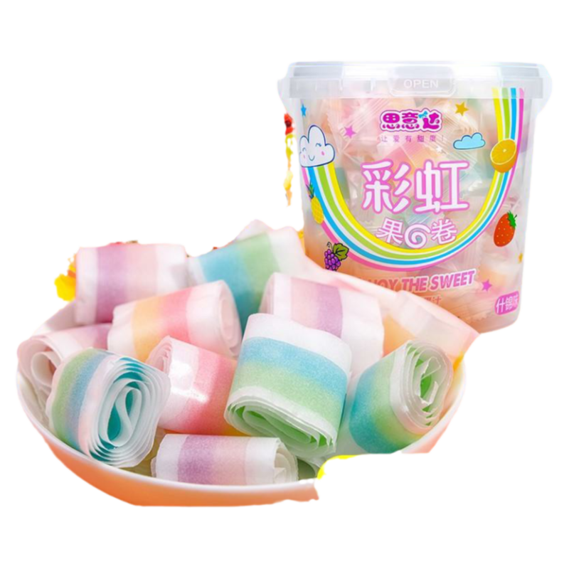 果汁果C卷卷糖 儿童小孩吃的彩虹水果软糖桶装8090后怀旧零食