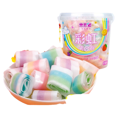 果汁果C卷卷糖 儿童小孩吃的彩虹水果软糖桶装8090后怀旧零食