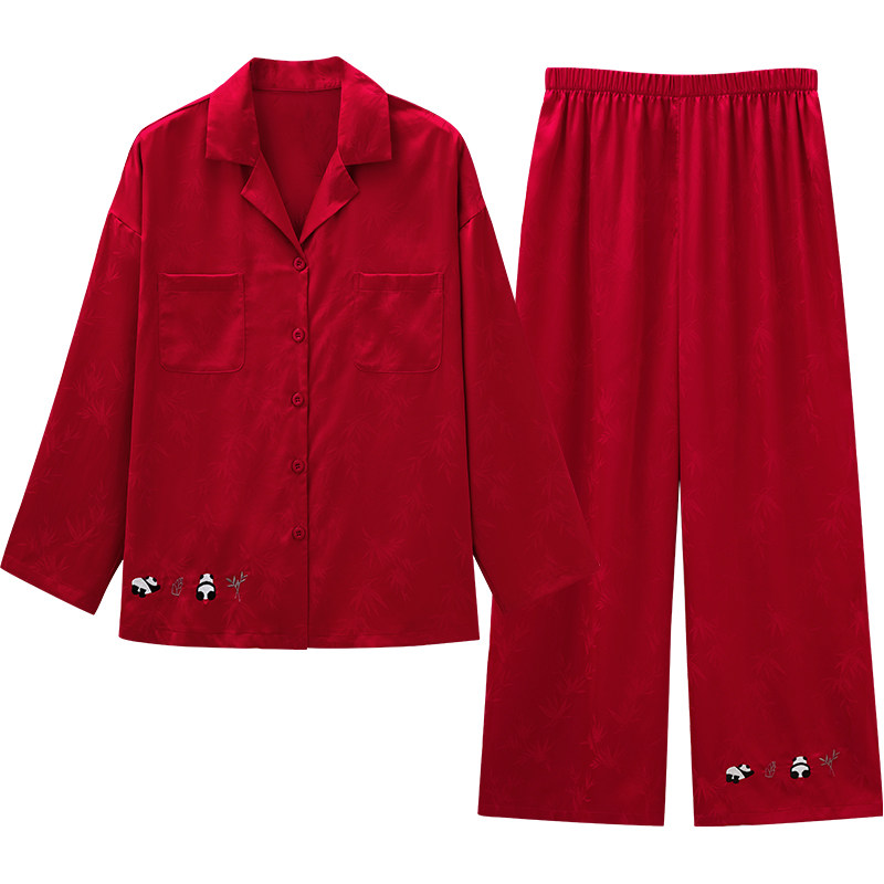 马克公主情侣睡衣女春秋冰丝红色睡衣/家居服套装