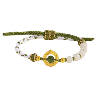 老庙黄金足金手链龙纹平安扣和田玉生肖龙手绳送女友七夕生日礼物