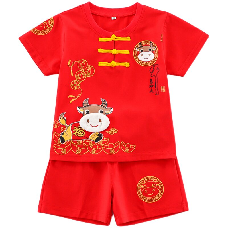 宝宝唐装夏季短袖小孩一周岁生日抓周礼服两件套男女儿童夏装套装