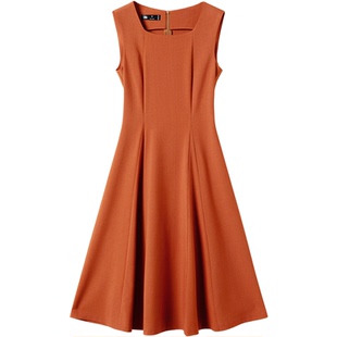 无袖方领打底背心连衣裙女气质橘色大摆中长款职业简约小黑裙外穿