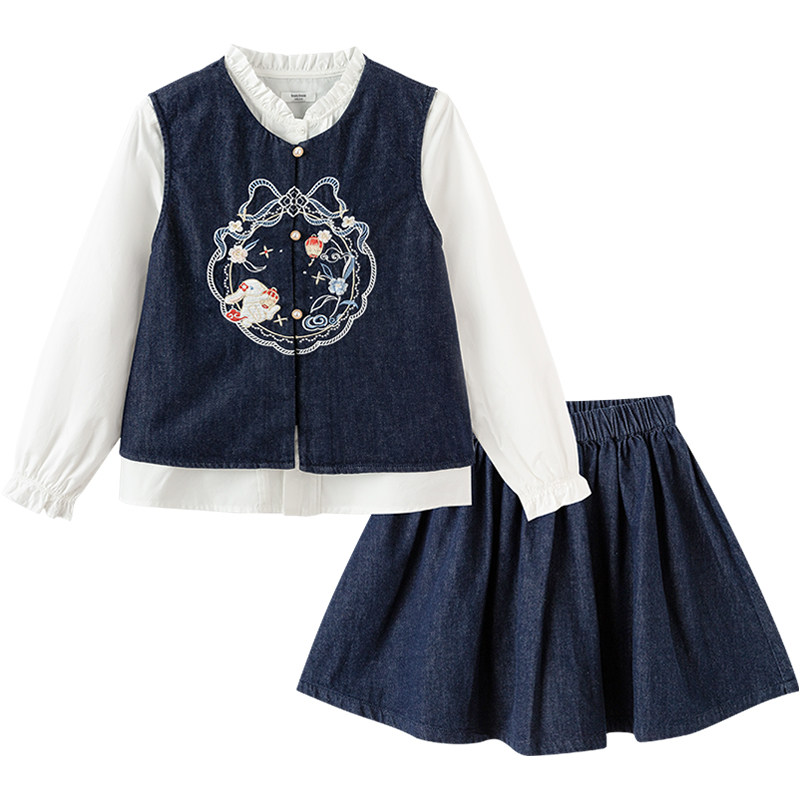 巴拉巴拉女童汉服套装牛仔马甲秋