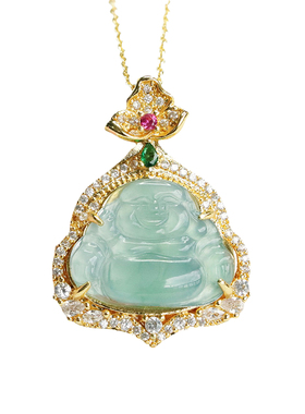 925银镶天然翡翠冰种佛公吊坠蓝水玉石花开见佛弥勒笑佛女士项链