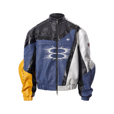 重工拼色短款皮衣机车夹克外套