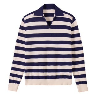 【100%长绒棉】CULTUM翻领针织条纹海魂衫男士长袖复古学院风打底