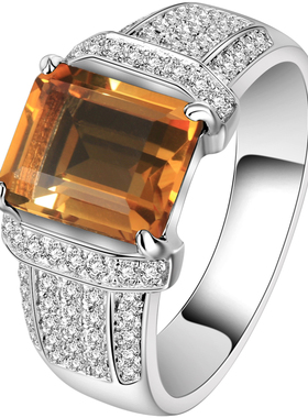 天然黄水晶戒指925银镶嵌时尚个性简约百搭饰品礼物送男友刻字