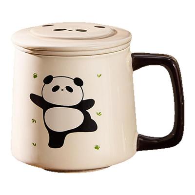 墨色熊猫泡茶杯带盖陶瓷马克杯茶水分离杯女士个人专用办公室水杯