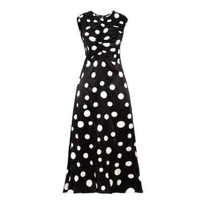 新款真丝波点前中褶皱连衣裙