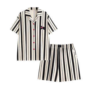 悦内睡衣女款夏季夏天短袖短裤纯棉家居服休闲黑白条纹可外穿套装